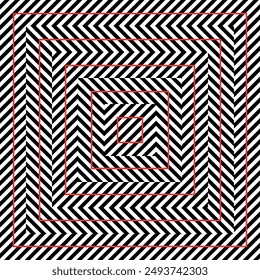 Las franjas diagonales en blanco y negro con cuadrados rojos crean una ilusión óptica