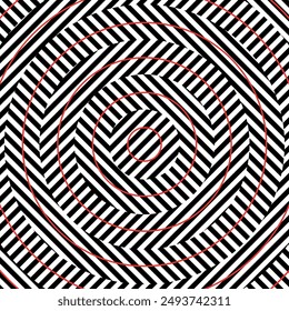 Black and white diagonal stripes with red concentric circles creating a mesmerizing optical illusion