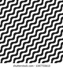 Black and white diagonal wavy abstract background for your design. Vector illustration. Seamless line pattern. Linear diagonal waves. Monochrome simple texture stripe. 