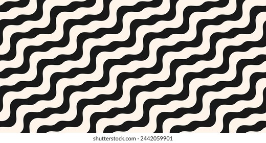 Black and white diagonal wavy lines seamless pattern. Vector abstract liquid stripes background. Simple monochrome texture with diagonal waves, fluid shapes. Groovy repeated design for decor, print