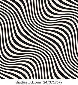 Black and white diagonal wavy lines seamless pattern. Simple vector abstract liquid stripes background. Endless groovy texture with diagonal waves, fluid shapes. Funky monochrome repeating geo design 