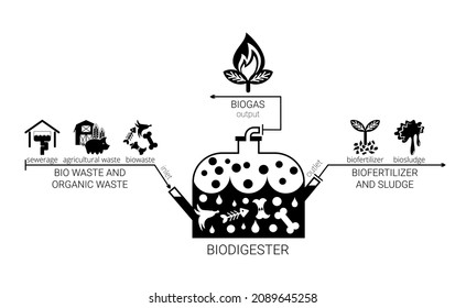 Black and white diagram of biogas production using bio-digester. Vector infographics of modern technology of organic waste recycling