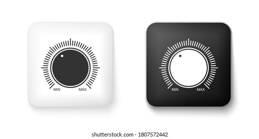 Black and white Dial knob level technology settings icon isolated on white background. Volume button, sound control, music knob with scale, analog regulator. Square button. Vector.