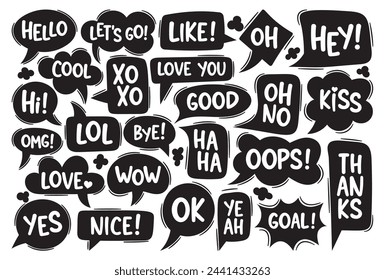 Black and White Dialog Speech Bubbles. Hello, Lets Go, Like, Ho and Hey. Cool, Hi, Xo Xo and Love You. Good, Oh No, Kiss