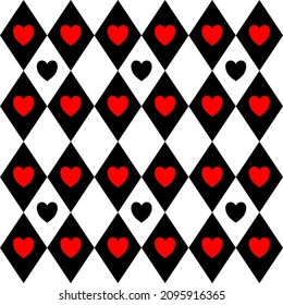 black and white diamond pattern red heart pattern
