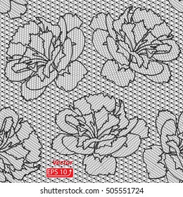 black white Dianthus lace design background, ornamental flowers band Abstract Lace Ribbon Seamless Pattern. Template frame Lace Doily. Floral background border vector illustration