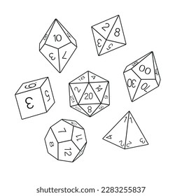 Black and white dice collection, hand drawn. D8 D10 D12 D20 Board game dice, RPG dice set for board games vector svg