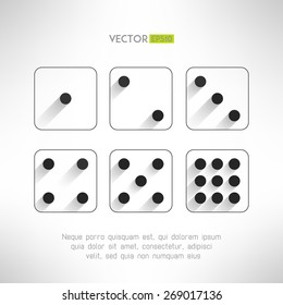 Black and white dice icons set in modern flat design. Craps with long shadows. Casino element. Vector illustration.