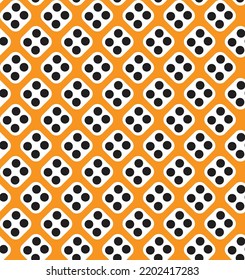 Black and white dice pattern on orange background. Diagonal rounded square and dots pattern on orange backdrop. Modern abstract pattern art.