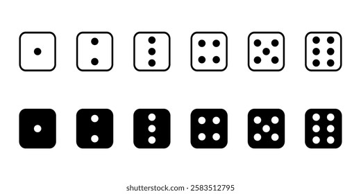 black and white dice symbols set, simple dice icon pack vector, flat dice symbols for games