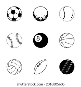 Black and white different balls vector icons set
