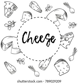 black and white different cheese. hand drawn cheese set. me for the restaurant. chalkboard with cheese