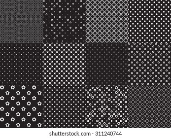 black and white different seamless patterns vector illustration