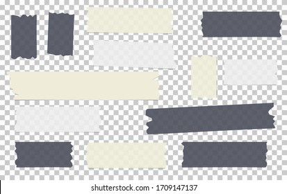 Black, white different size adhesive, sticky, masking, duct tape, paper pieces are on grey squared background