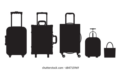 Black and white different types of luggage. Flat design. Vector. Isolated on white background