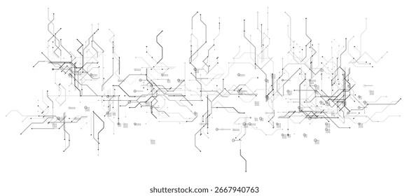 Fondo de chip de circuito digital en blanco y negro, red de procesador. Textura del sistema neural AI. Patrón de tecnología de flujo de datos cibernéticos. Telón de fondo de la tecnología de inteligencia artificial. Ilustración vectorial. 