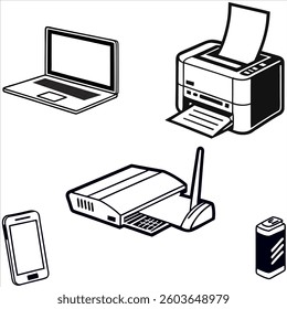 Black and White Digital Devices and Office Equipment Icons – Laptop, Printer, Scanner, Smartphone, and Battery