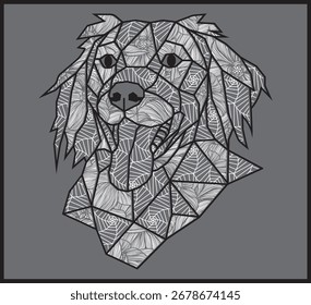Black and white digital drawing of a dog's head, composed of intricate geometric patterns and shapes. highlighting the detailed, mosaic-like texture. The dog has a friendly expression.