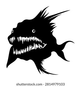 Black and white digital illustration of a fierce deep sea fish with sharp teeth and spiky fins, emphasizing a dark aquatic creatures aggressive appearance.