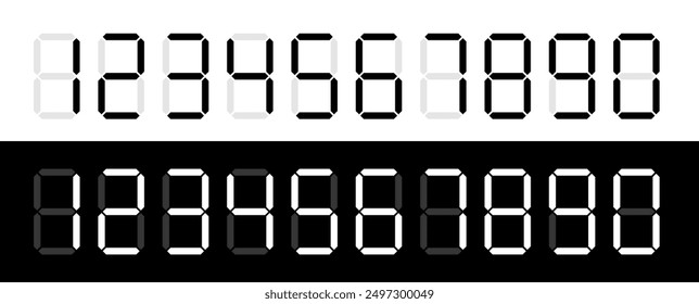 Números digitales en blanco y negro. Números de reloj digital. Ilustración vectorial