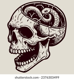 Black and white digital tattoo of a skull with a snake inside the head. Sketch vector of a gothic human skeleton with a viper.