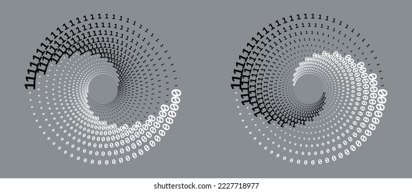 Black and white digits ONE and ZERO in spiral over grey background. Big data concept, icon logo or tattoo.