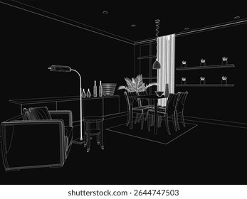 Ilustração de sala de jantar preto e branco com uma mesa de madeira com cadeiras, um sofá acolhedor com travesseiros decorativos e uma lâmpada vintage. As prateleiras exibem garrafas e um vaso de flores, enquanto uma cortina adiciona.