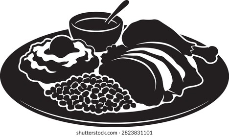 Black and white of a dinner plate featuring roasted chicken, mashed potatoes, a side of beans, and a small bowl of gravy or sauce