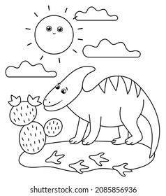 Black And White Dino In A Desert Under The Sun With Cactus. Summer Scene Outline Illustration With Cute Dinosaur. Funny Prehistoric Reptiles Coloring Page For Children
