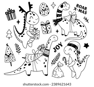 Black and white Dinosaur Christmas clipart in cartoon flat style. Vector illustration