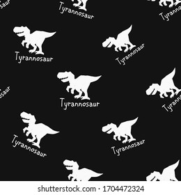 Black and white dinosaur doodle seamless with tyrannosaur. Funny Dino collection. Textile design for baby boy on black background. Cartoon monster vector illustration.