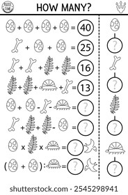 Dinossauro preto e branco quantos jogo, equação ou rébus. Quebra-cabeça pré-histórico de atividade de matemática por linha para crianças em idade escolar. Planilha de contagem imprimível, página de coloração para crianças com osso, ovo, dino pequeno
