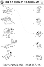 Dinosaurio blanco y negro que empareja la actividad con animales y bebés. Rompecabezas de línea prehistórica con pterosaurio, estegosaurio. Partido padre e hijo juego. Hoja de trabajo imprimible de Dino land, página para colorear