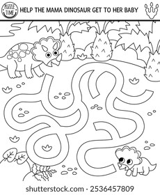 Schwarz-weißes Dinosaurierlabyrinth für Kinder mit uralter Weltlandschaft. Quadratische prähistorische Linie druckbare Aktivität. Dino Land Labyrinth Spiel, Puzzle, Malvorlage. Hilfe triceratos erhalten zu seinem Baby
