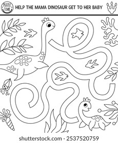 Black and white dinosaur maze for kids with ancient world landscape. Square prehistoric line printable activity. Dino land labyrinth game, puzzle, coloring page. Help plesiosaur get to his baby
