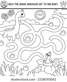 Black and white dinosaur maze for kids with ancient world landscape. Square prehistoric line printable activity. Dino land labyrinth game, puzzle, coloring page. Help brachiosaur get to his baby