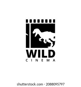 Black and white dinosaur silhouette and film strip logo. For film studio and business. Vector illustration.