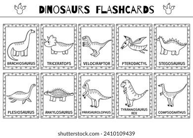 Black and white dinosaurs flashcards collection for kids. Flash cards set with cute dino characters for coloring. Brachiosaurus, triceratops, Tyrannosaurus rex and more. Vector illustration