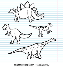 Black and white dinosaurs on a notebook sheet collection, vector