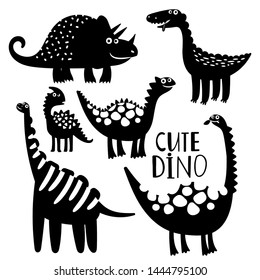 Black and white dinosaurus vector of set. Silhouette prehistoric animals, jurassic reptile monster illustration