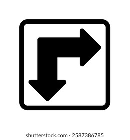 Black and White Directional Sign Indicating a Right Turn and Downward Arrow