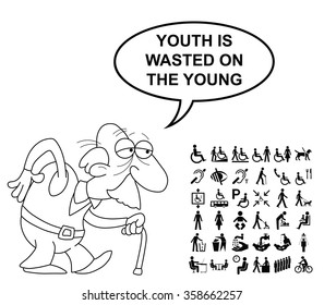 Black and white disability and people related graphics collection isolated on white background with comical youth is wasted on the young saying