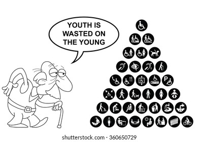 Black and white disability and people related pyramid graphics collection isolated on white background with comical youth is wasted on the young message
