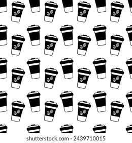Black and white disposable cups Seamless pattern in minimalistic style. Abstract background texture