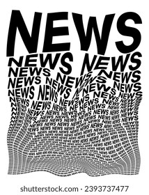 Black and white distorted background composed of News decreasing words. Optical illusion warped wallpaper. Vector illustration.