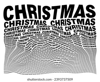 Black and white distorted background composed of Christmas decreasing words. Optical illusion warped wallpaper. Vector illustration.