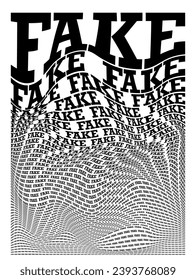 Black and white distorted background composed of Fake decreasing words. Optical illusion warped backdrop. Vector illustration.