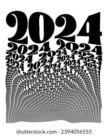 Black and white distorted background composed of 2024 new year decreasing words. Optical illusion warped wallpaper. Vector illustration.