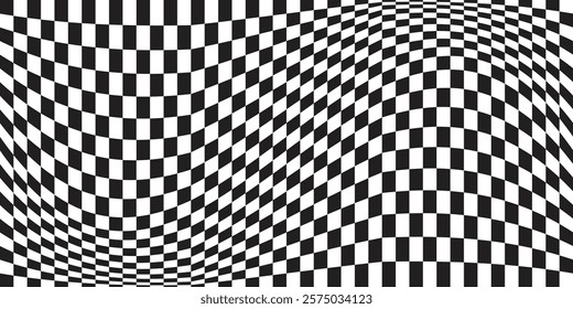 Black and white distorted checkered flag pattern, perfect for dynamic backgrounds, motorsport themes, and automotive designs.