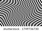 Black and white distorted checkered pattern background. Vector illustration of black and white squares. Torsion, twist, rotary deform, gyration, revolve checkerboard graphic. Racing finish flag.